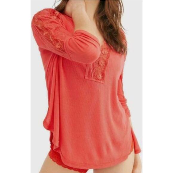 Free People Tops - Free People Pink Lola Lace Floral V-Neck Sheer Coral Top Shirt Size Small